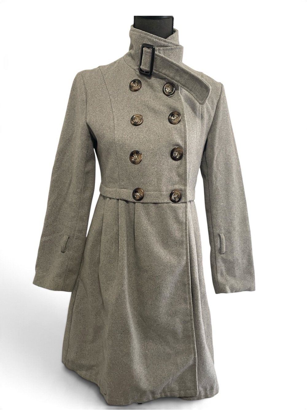Women's Grey Double-Breasted Wool Peacoat with High Collar size Medium